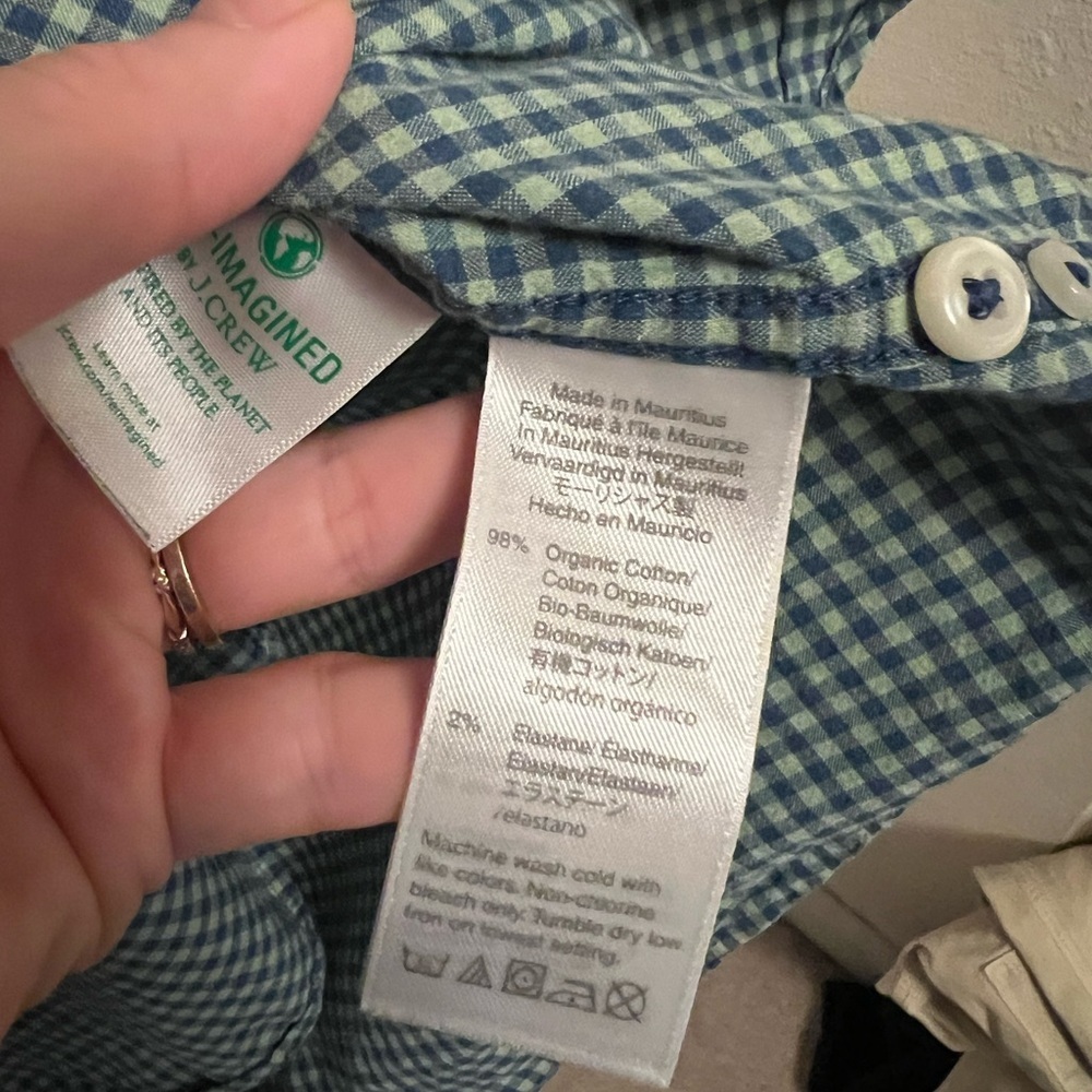 J. Crew Slim Secret Wash stretch organic cotton gingham shirt blue green large L - Picture 4 of 5